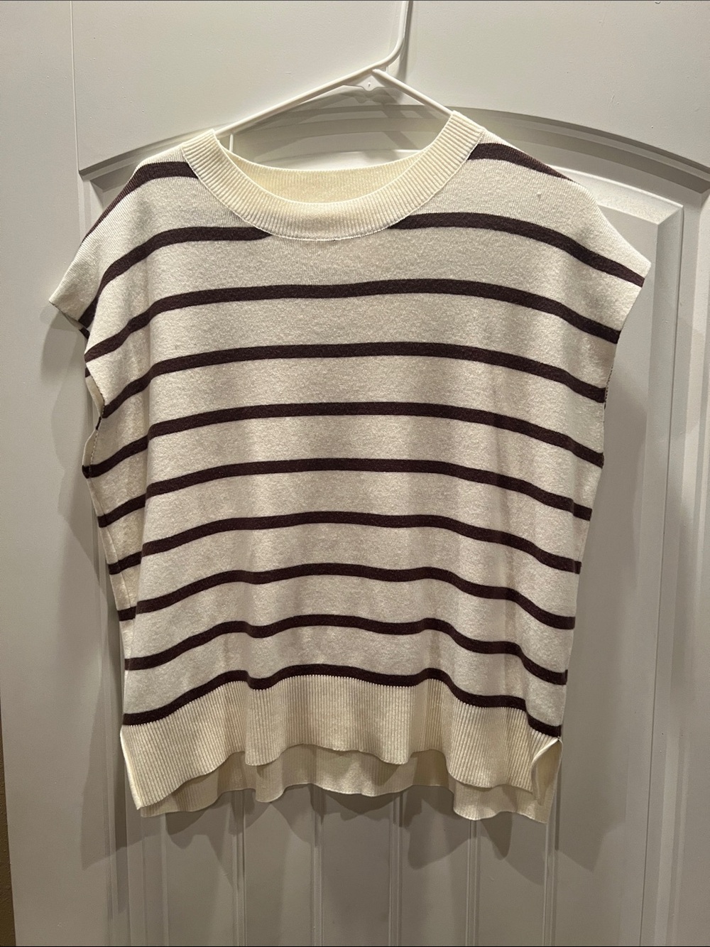 Striped Cream and Dark Brown Oversized Crewneck Sweater Top